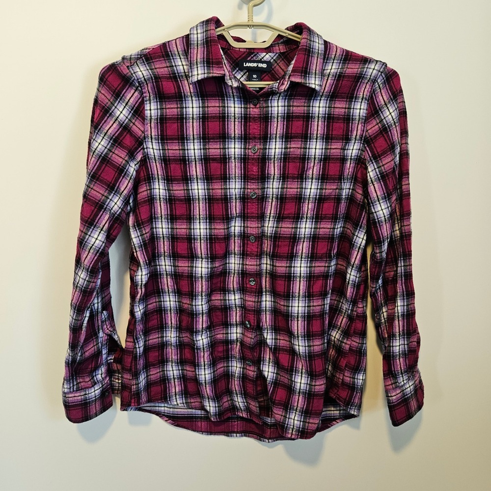 Lands End Plaid Flannel Button Down Shirt Size 10 Long Sleeve Fall 100% Cotton